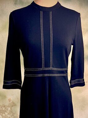 Homeyee Black Fit & Flare Dress Size 4 Contrast Stitching 3/4 Sleeve